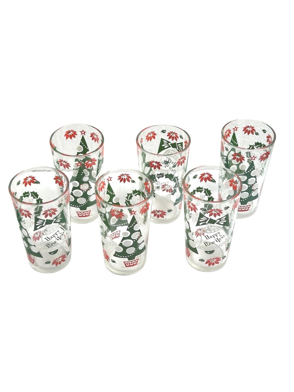 Set of 6 Christmas Tree Beverage Glasses with Festive Desugns